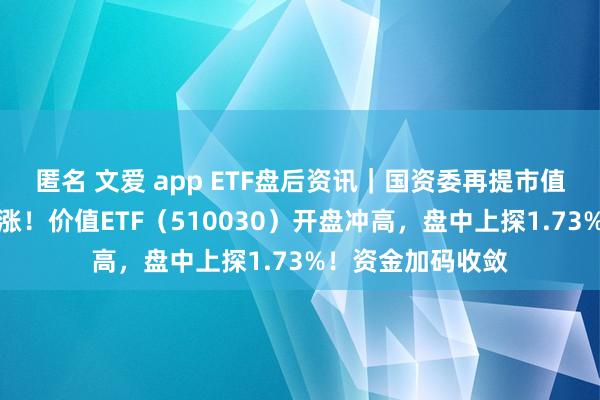 匿名 文爱 app ETF盘后资讯｜国资委再提市值管束，中字头大涨！价值ETF（510030）开盘冲高，盘中上探1.73%！资金加码收敛